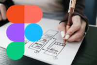 A person is drawing on a sheet of paper that shows a series of wireframes for a user interface. In the foreground is the logo of the design software Figma, consisting of a red, a purple, and a green shape, as well as two blue circles.